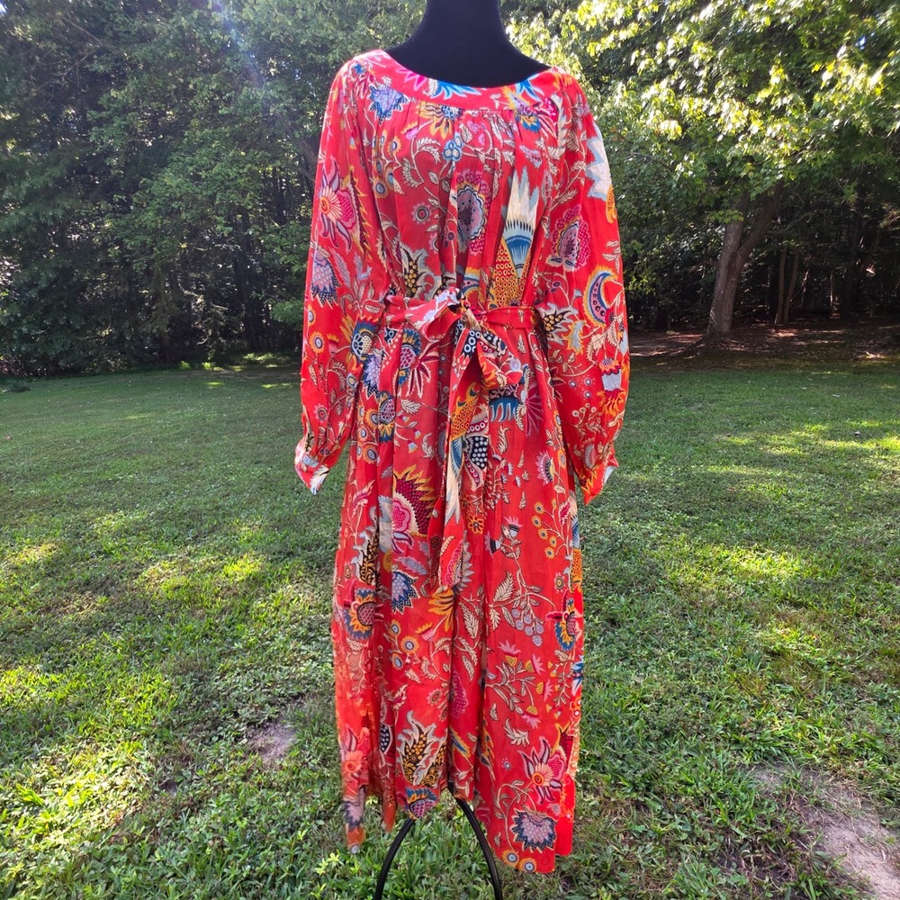 J PETERMAN Women's L Red Floral Boho Midi Dress Tie Waist Balloon Sleeve